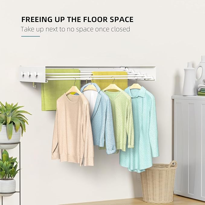 Drying Rack Clothing,Clothes Drying Rack Wall Mounted,Laundry Drying Rack Wall Mount,Foldable,Collapsible,60 lb Capacity 5 Aluminium Poles with 12 Hooks,Space Saving Clothes Drying Rack,White 40"