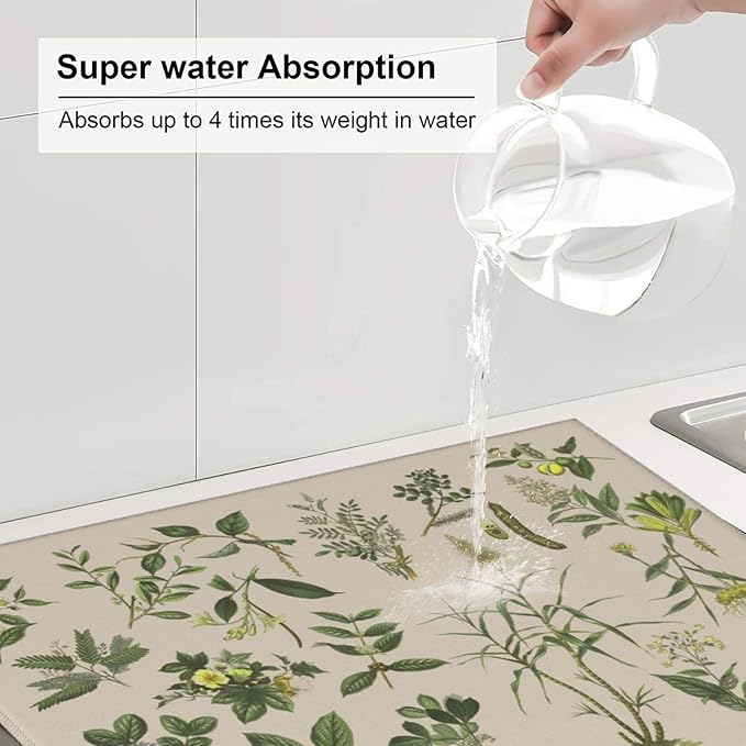 Vintage Plants Herbs Floral Color Microfiber Dish Drying Mat For Kitchen Countertop Absorbent Reversible Drainer Rack Pad 18 X 16 Inch