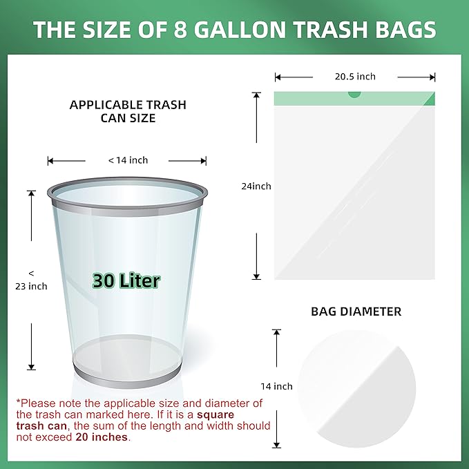 8 Gallon Trash Bag 120 Count, Unscented Strong Drawstring Garbage Bag Fit 30 Litter Trash Can, for Kitchen, Bathroom, Bedroom, Office ( Green )