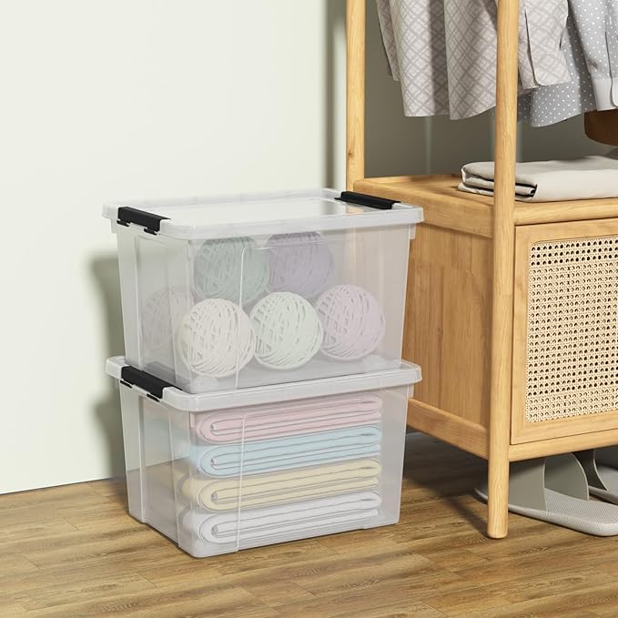 Set of 4 Plastic Latch Storage Bins with Wheels, 23 L Clear Latch Boxes with Stackable Lids