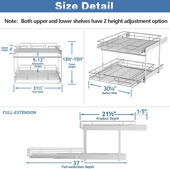 ROOMTEC Individual Pull Out Cabinet Organizer (31½" W x 21½" D), 2 Tier Spice Rack Organizer for Cabinet, Slide Out Drawer Pantry Shelf Organization and Storage for Kitchen Bathroom