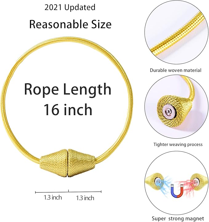 2 PCS Magnetic Curtain Tiebacks, European Style Convenient Drape Tie Backs Holdbacks for Thin or Thick Home & Office Window Draperies, No Tools Required-Gold Bright