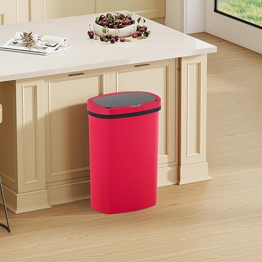 Automatic Motion Sensor Bathroom Trash Can with Lid, 13 Gallon Touchless Trash Bin, Smart Dog Proof Garbage Can, Touch Free Waste Basket for Toilet, Office, Bedroom,Red