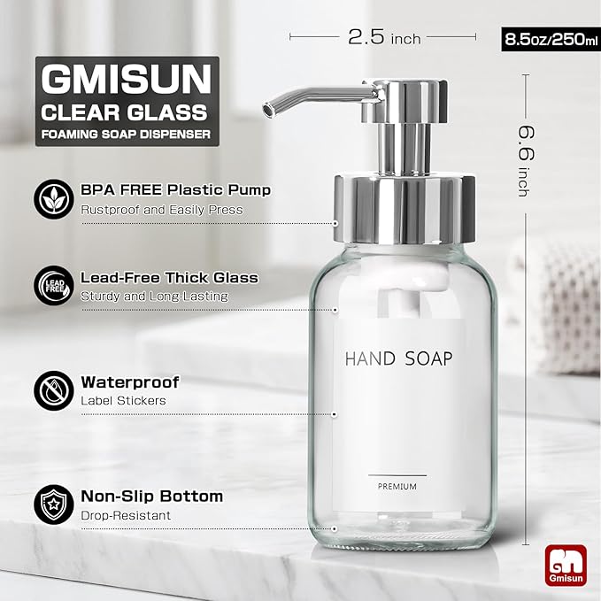 GMISUN Foaming Soap Dispenser, 2 Pcs 8.5 Fl oz Clear Glass Soap Dispenser, Modern Hand Soap Dispensers for Bathroom & Kitchen, Refillable Foam Soap Dispensers with Silver Pumps & Waterproof Labels