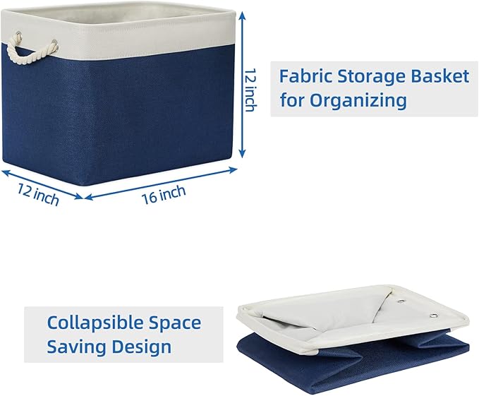 Temary Storage Baskets for Shelves, 2 Pcs Fabric Storage Bins Empty Gift Baskets for Organizing Clothes, Books, Decorative Basket with Rope Handles (White&Blue,16Lx12Wx12H Inches)