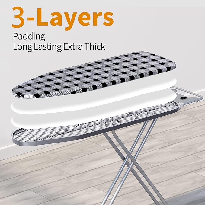 Ironing Board 13" X 43" W/Extra Thick Heavy Duty Padded Cover, Height Adjustable,Heat & Scorch Resistant Fabric, Anti-Skid Feet, Extra Wide, Easy to Fold Checkered Gray