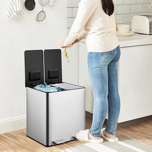 GarveeHome Dual Trash Can, 2x4 Gallon (2x15L) Stainless Steel Step Trash Can, Rectangular Garbage Can for Kitchen, Office with 2 Compartments, Removable Inner Buckets, Soft-Close Lid, Silver