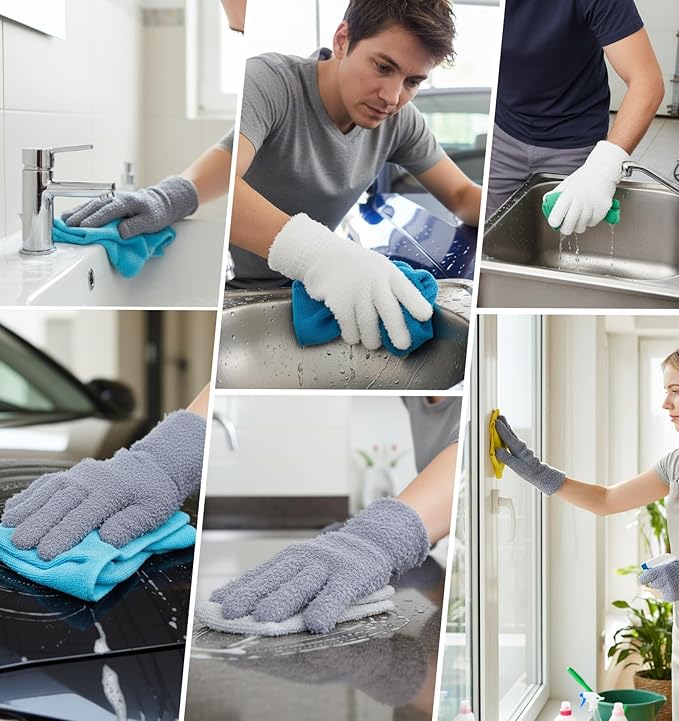 Microfiber Gloves for Plant Dusting, 4Pcs Reusable Washable Microfiber Plant Cleaning Dusting Gloves for Indoor House Plants Kitchen Car Blinds Lamps, Grey & White 2 Pairs