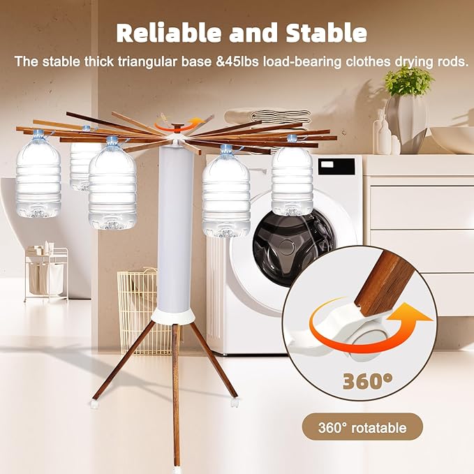 Portable Teak Tripod Clothes Drying Rack, Foldable Space-Saving Design, 16 Waterproof Teak Wood Drying Rods
