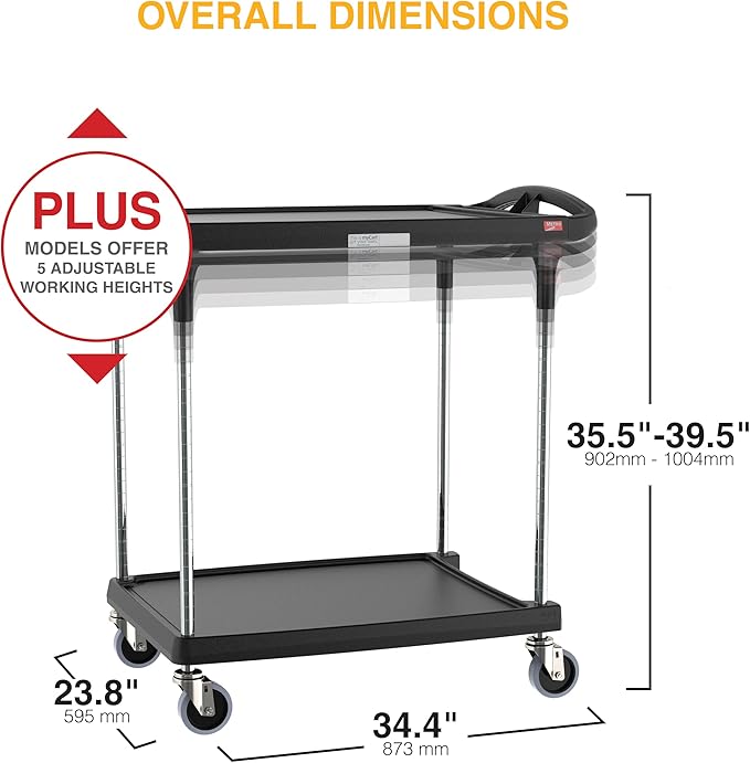 Metro myCart Plus Utility Cart - Choose-Your-Height Adjustable Heavy Duty Rolling Cart for Home, Commercial and Industrial Use - 2-Shelf, 300 lbs Capacity - 23.9" W x 34.4" L x 35.5-39.5" H - Black
