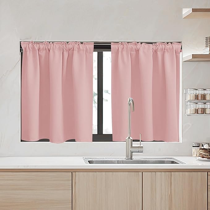 RYB HOME Short Blackout Curtains 36 inches Length for Cafe - Insualting Privacy Curtains for Kids Bedroom Kitchen Bathroom Basement Cabinet Tiers Drapes, 34 Width x 36 Length, 2 Panels, Peach Blush