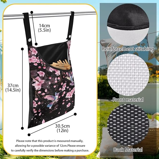 Waterproof Clothespin Bag with Hanger Hook Cherry Blossom Hummingbird - Large Opening Organizer for Balcony, Laundry Room & Apartment Use