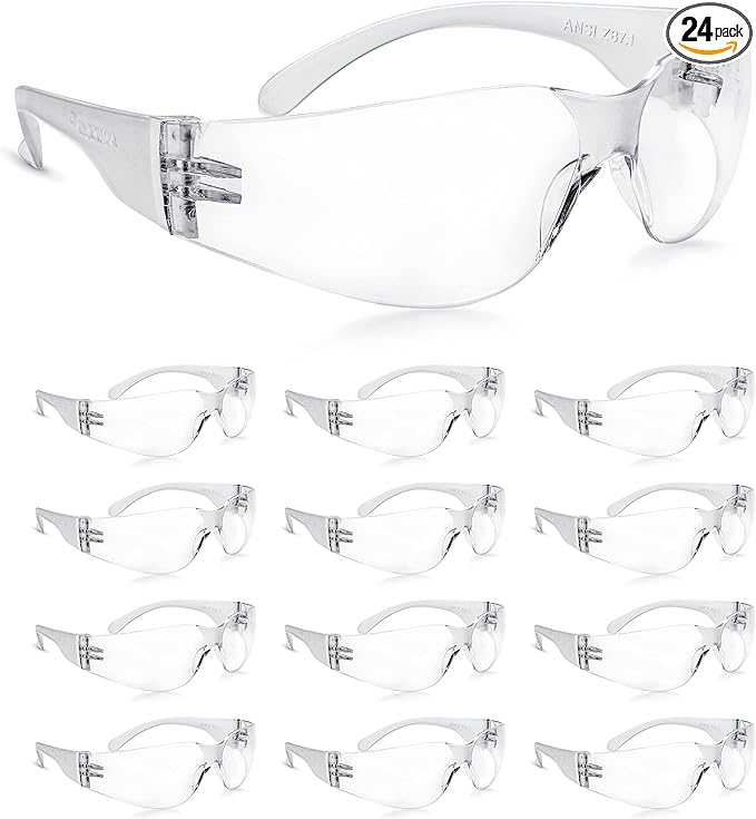amoolo Clear Safety Glasses Bulk of 24, Protective Eyewear for Men Women, ANSI Z87.1 Impact Resistant Eye Protection for Work, Lab, Construction