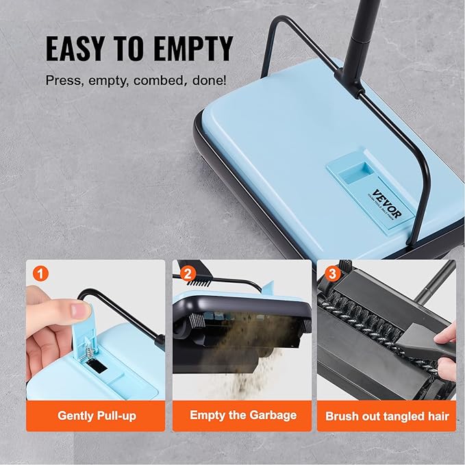 VEVOR Carpet Sweeper Manual, Floor Sweeper with 300 ml Dustbin Capacity Easy to Empty, 6.7 inch Cleaning Width for Home Office Carpets Pet Hair Dust, Blue