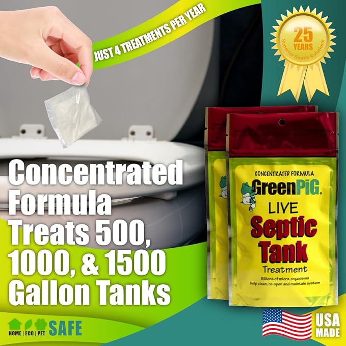 GREEN PIG Septic Tank Treatment - 8 Pods, Septic Safe Clog Remover, Prevents Expensive Septic Tank and Drain Field Failures, 2-Year Supply