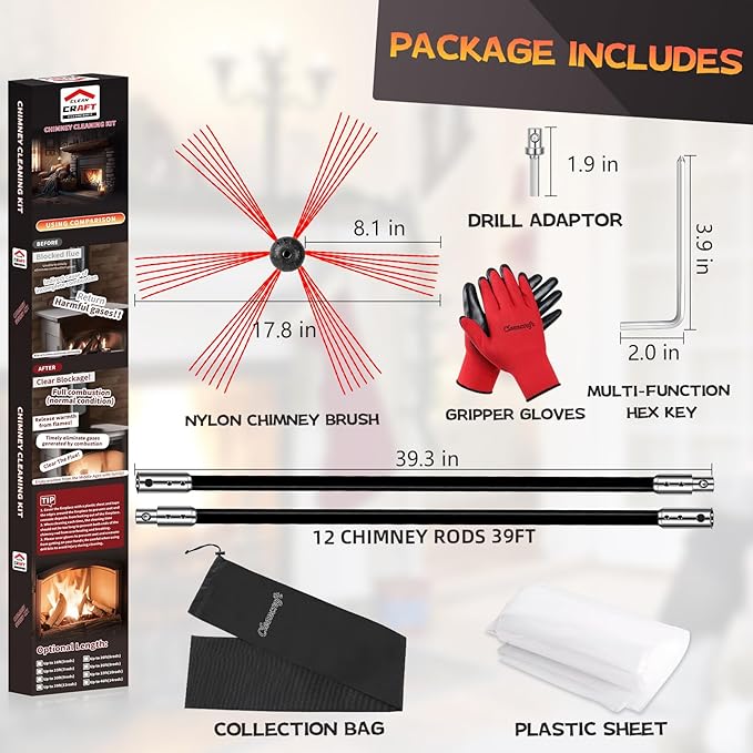 39 Feet Chimney Sweep Kit, Chimney Cleaning Kit with 12 Flexible Black Chimney Rods, Chimney Brush for Sweeping Fireplace, Rotary Chimney Cleaning System Driven by Drill