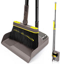 JEHONN Broom with Dustpan Combo Set, Long Handle Lightweight 180 Degree Rotating Sweeping Brush Indoor, Upright Standing Dust Pan with Comb Teeth for Home Room Kitchen Office Lobby (Brown Yellow)