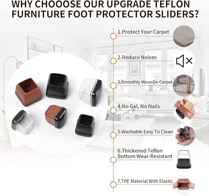 Ezprotekt 24 Pcs Chair Leg Sliders for Carpet, Square Clear Chair Glides Teflon Furniture Pads, Bar Stool Leg Protectors Caps for Rug - for Dining Table, Couch, Patio Legs (M Fit: 0.75" - 1")