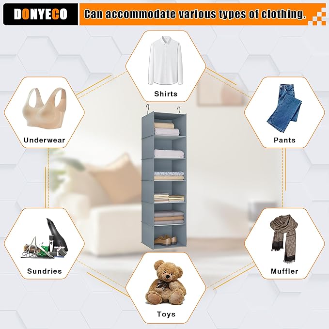 Hanging Closet Organizer and Storage 6-Shelf, Easy Mount Foldable Hanging Closet Wardrobe Shelves, Clothes Handbag Shoes Accessories Storage, Washable Oxford Cloth Fabric, Grey