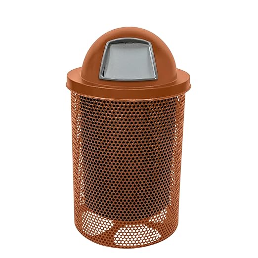 COATEDOUTDOORFURNITURE 32-Gallon Heavy-Duty Punched Steel Round Trash Receptacle, Commercial Outdoor Waste Bin with Liner & Black Dome Lid – Made in America (Textured Copper)