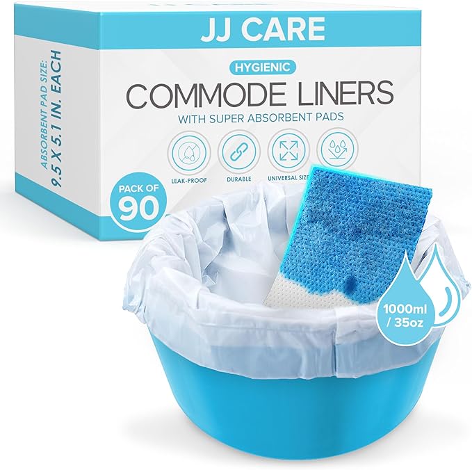 JJ CARE Bedside Commode Liners with Absorbent Pads - Pack of 90 Commode Poop Bags Liners 16"x21" Adults' Portable Bed Pan Toilet Chair, Disposable Toilet Bags for Bedside
