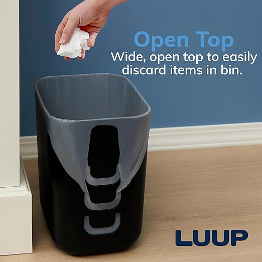 STORi Luup Bathroom Wastebasket, Secure Grocery Bags, Plastic Garbage Container for Vanity, Laundry Room, Kitchen, Office, 2.5 Gallon, Black, Made in USA