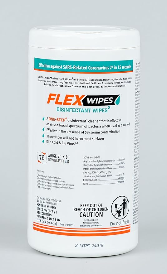 Flex Wipes Disinfectant Wipe 20075, Includes Six (6) 75-count Canisters, 8" x 6" wipes