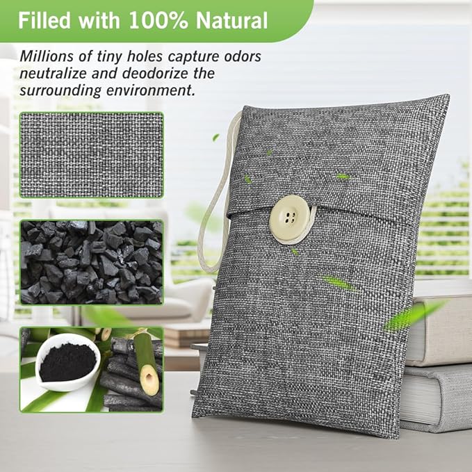 Charcoal bags Odor Absorber Activated Bamboo Charcoal Air Purifying Bag for Home Odor Eliminator Car Air Freshener for Closet Deodorizer Shoe Room Basement Litter Box Pet safe Bag 15Packs×100g