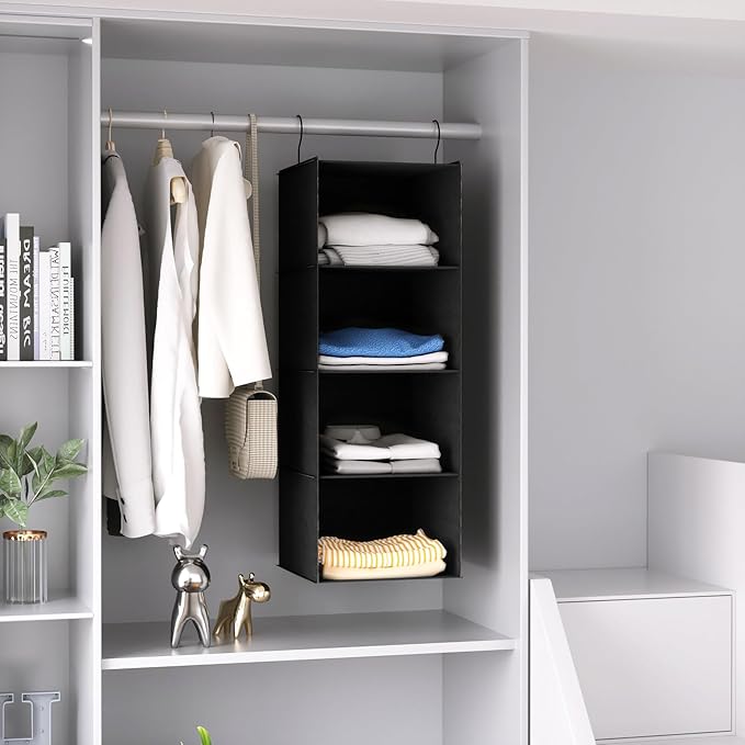 Hanging Closet Organizer, Easy Mount Foldable 4-Shelf Hanging Closet Wardrobe Storage Shelves, Clothes Handbag Shoes Accessories Storage, Washable Oxford Cloth Fabric, Black