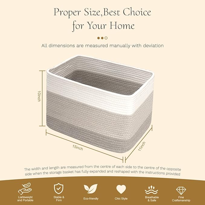 Hopegiver Woven Storage Baskets 15x11x10 Inch, 1 Pack Collapsible Cube Storage Bin for Shelves - Foldable Cotton Rope Organizer Bins for Towels, Toys, Books, Closet, Nursery (White Light-Gray Gray)