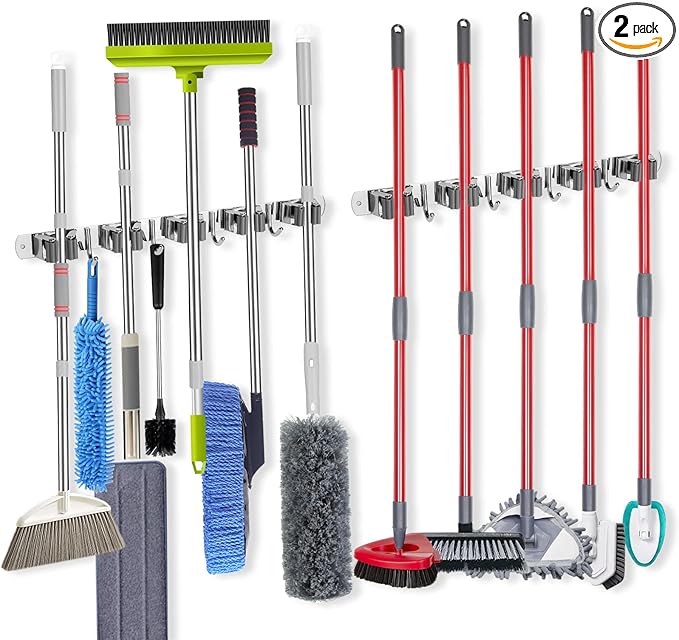 voze [2 Pack] 5 Racks and 4 Hooks Mop and Broom Holder Wall Mount, Self Adhesive Heavy Duty Broom Organizer Storage Tool Racks for Kitchen Garden Laundry Garage, Silver