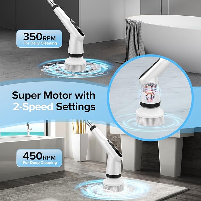 WKY-Electric Spin Scrubber - Upgraded 12-in-1 IPX7 Waterproof Shower Cleaner Brush, Retractable Handle & 2-Speed for Bathroom, Bathtub, Kitchen, Tile Floors