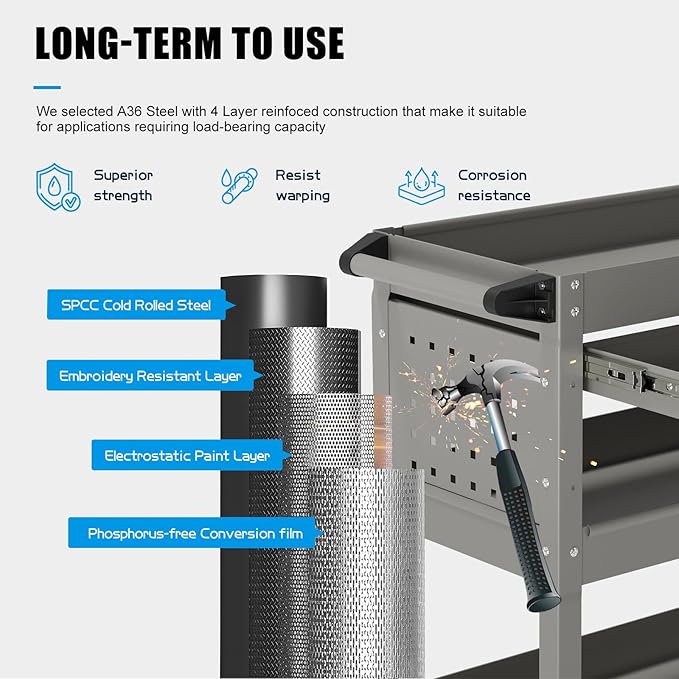 3 Tier Rolling Tool Cart on Wheels, Heavy-Duty Utility Cart Service Cart with Locked Drawers for Garage, Warehouse, Repair Shop, Workshop…