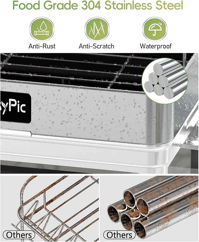 2 Tier Dish Drying Rack, Thicker Premium 304 Stainless Steel Dish Racks for Kitchen Counter, Automatic Drainage Spout, Dish Drainer & Drainboard Set with Utensil Holder and Cup Holder, White