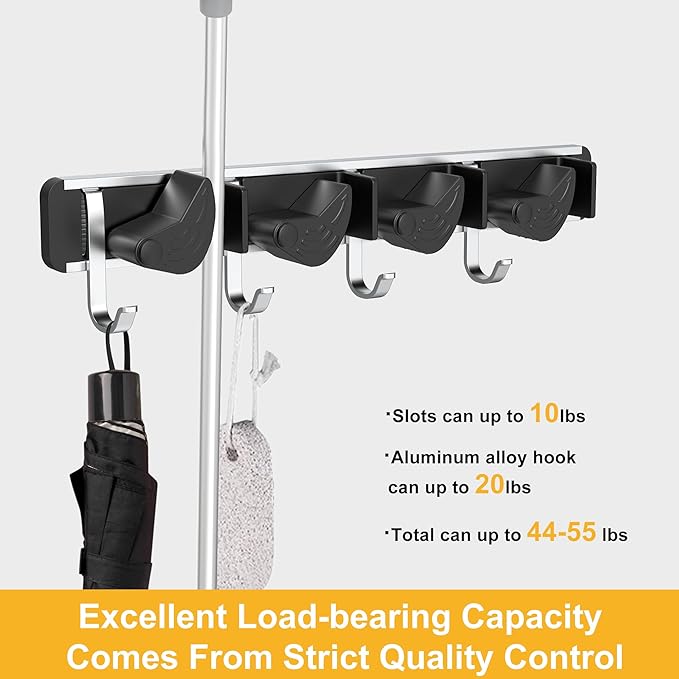 2-Pack Metal Mop Broom Holder Wall Mount - 4 Slot Tool Organizer with Rubber Grips for Kitchen, Garden, and Home Storage