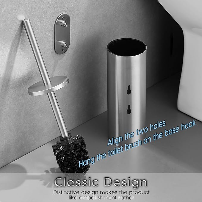 Brushed Stainless Steel Toilet Brush and Cover, No-Punch Hook Base Dual Purpose Toilet Brush Holder with Removable Inner Bucket and Splash Cover - Soft Bristles (Brushed)
