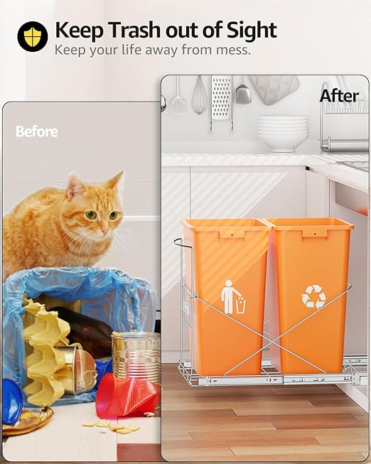 Double 37 Quart Pull Out Trash Can Under Cabinet, Under Sink Trash Rack, 70 Liter Total Capacity, Cabinet Trash Pull Out Kit, Trash Bin Not Included