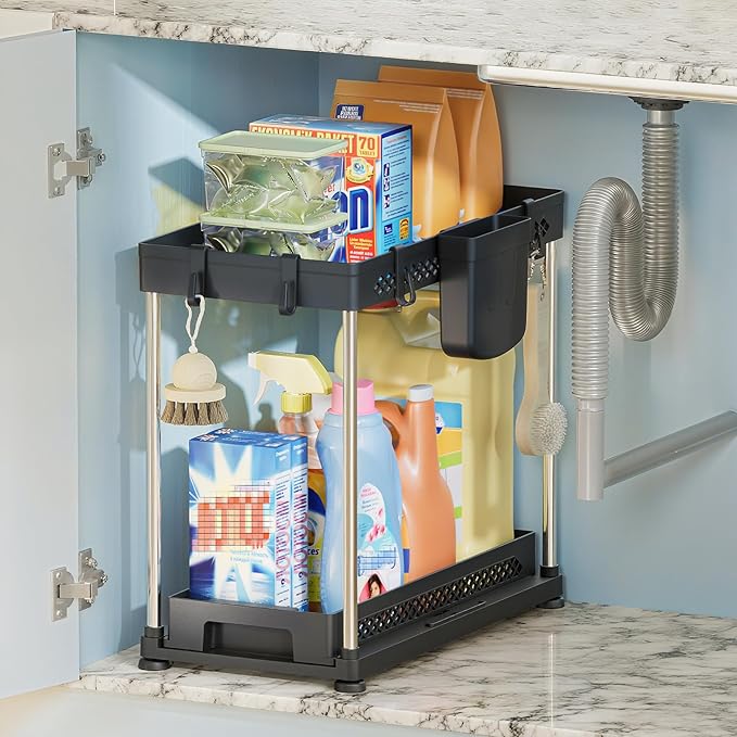 Under Sink Organizer, 2 Tier Pull Out Cabinet Organizer with Hooks Hanging Cup, Easy Installation & Rust-resistant, Multi-Purpose Storage Shelf for Kitchen Bathroom Pantry (Black,1 Pack)