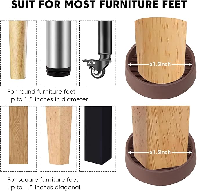 Rubber Furniture Pads Non Slips Furniture Casters Cup Chair Leg Floor Protectors for Bed Sofa Table and Chair Stopper (Pack of 8,Brown 1.5" x 1.5" Round)