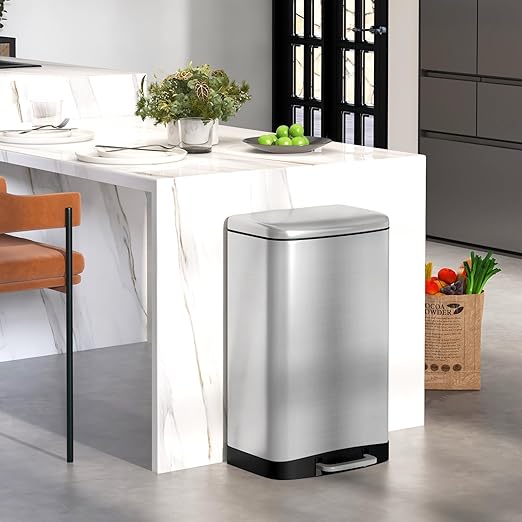 S AFSTAR 13.2 Gal Step Trash Can, 50 Liter Stainless Steel Pedal Trash Bin W/Lock Device & Soft Closing Lid, Recycling or Waste Bin, Rectangular Hand-Free Step-on Garbage Bin for Kitchen Home Office