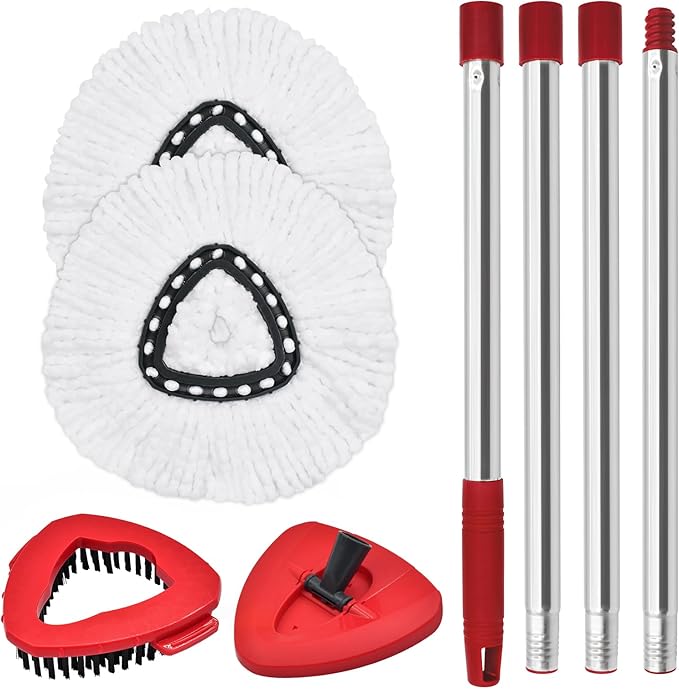 Spin Mop Handle Replacement for Ocedar, Mop Heads Replacements Compatible with O-Cedar EasyWring 1-Tank System, Include 4-Section Handle, 2 Replace Heads,1 Scrub Brush, 1 Base for O Cedar Spin Mops