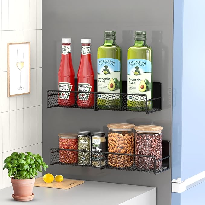 2 Pack Magnetic Spice Rack for Refrigerator, Black Magnetic Shelf with 4 Removable Hooks, Rustproof Magnetic Shelf for Fridge, Oven, Condiments, Oils, Seasoning Spice Organizer