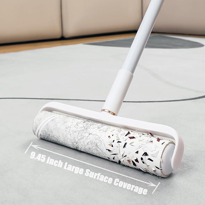 Floor Lint Roller Long Handle with Cover and 2 Refills for Pet Hair Extra Sticky Large 9.45 inch Lint Remover for Carpet Bedding Couch (Extra Long Handle & 3 Sticky Rolls)