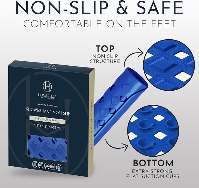 Homerella Anti Slip Shower Mat | Anti Mold Non Slip Bathtub Mat for Inside Shower | Square Floor Shower Mat 21 x 21 inch with Suction Cups for Grip & Hooks Hanging and Quick Drying | Machine Washable
