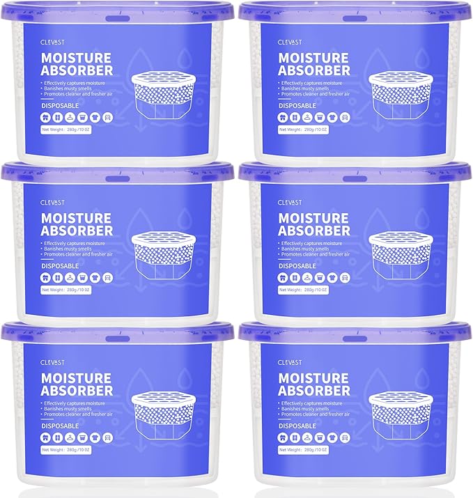 CLEVAST Moisture Absorbers Boxes, 10 OZ, 6 Pack, Dehumidifier Box for Closet, Unscented Hanging Humidity Absorber in Wardrobes, Bedrooms, Bathrooms, RV