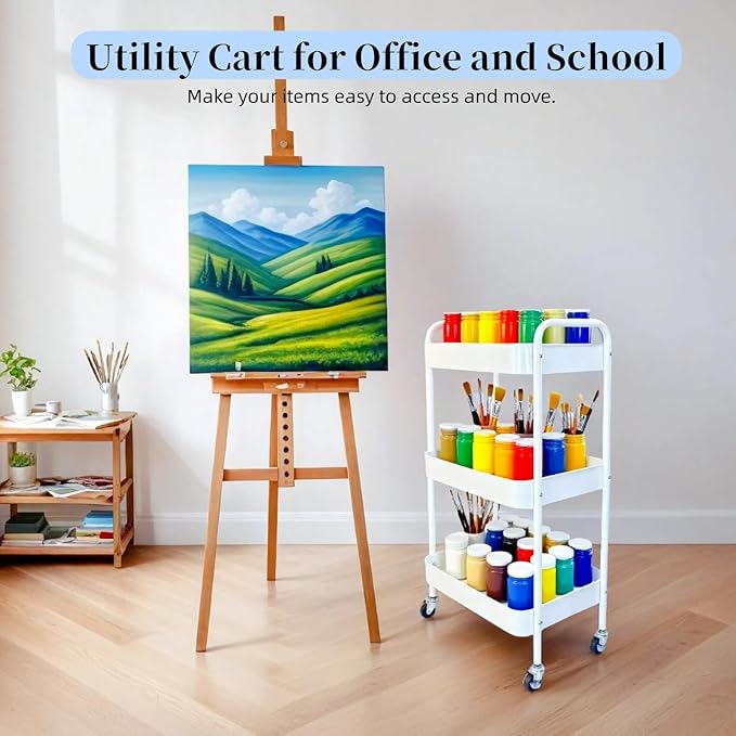 Metal 3 Tier Rolling Cart with Wheels for Kitchen Storage & Laundry Room Organization, Bedside Cart with Handle and 4 Hooks, Versatile Large Capacity Art & Craft Storage Organizer, White