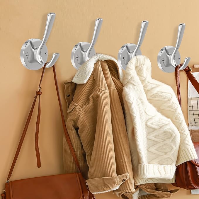 Brushed Nickel Wall Hooks, 4 Pack Heavy Duty Coat Towel Hook Metal Double Hook Wall Mounted Hanging, Bath Towel Hooks for Entryway Cubicle Bathroom Closet Garage