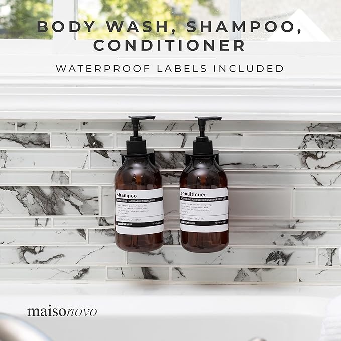 MaisoNovo Shampoo and Conditioner Dispenser - Shower Soap Dispenser Wall Mounted - 16.9 fl oz Set of 2 Amber Plastic Bottles Black Pump - Shampoo Dispenser, Shower Dispenser 2 Chamber No Drill