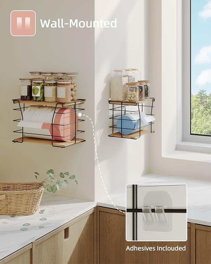 2 Pack Trash Bag Holder/Dispenser, Stackable Storage Laundry Kitchen Organizers for Countertop Organization, Wall Mount Garbage Bag Dispenser with wooden Top, No Drill