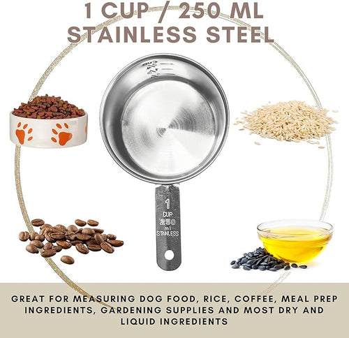 1 Cup Stainless Steel Measuring Cup | Sturdy Metal 250 ml | 240 cc | 8 oz | Single Cup for Wet and Dry Ingredients | Great for use as 1 Cup Dog Food Scoop - 4 PK